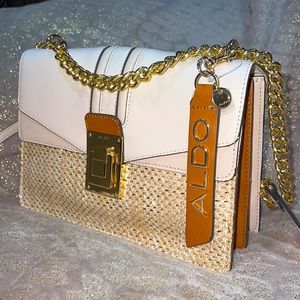 Aldo Tweed Shoulder Bag Faux Leather Camel Brown Bone Pink Handbag